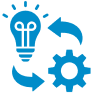 Blue lightbulb and gear with arrows.